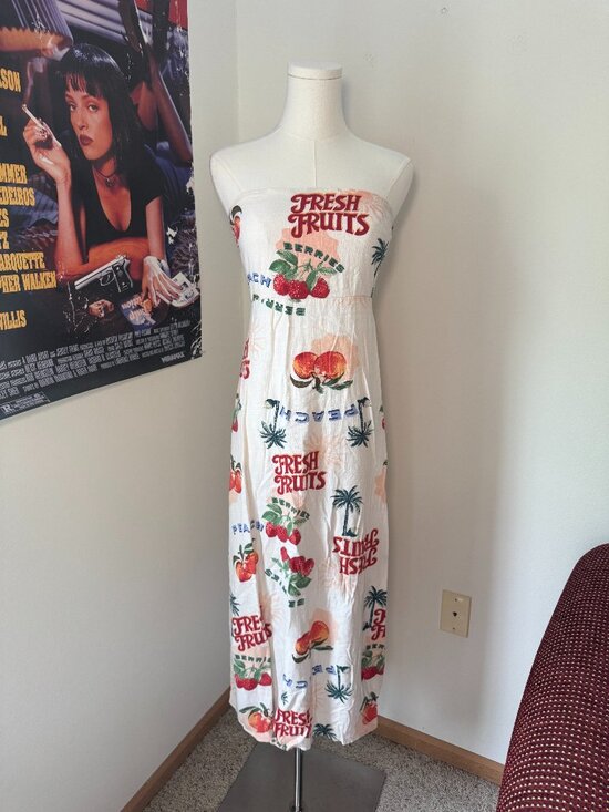 Paper Heart Dresses & Skirts - Paper Heart Midi Fresh Fruits Cream and Colorful Dress with Back Slit
